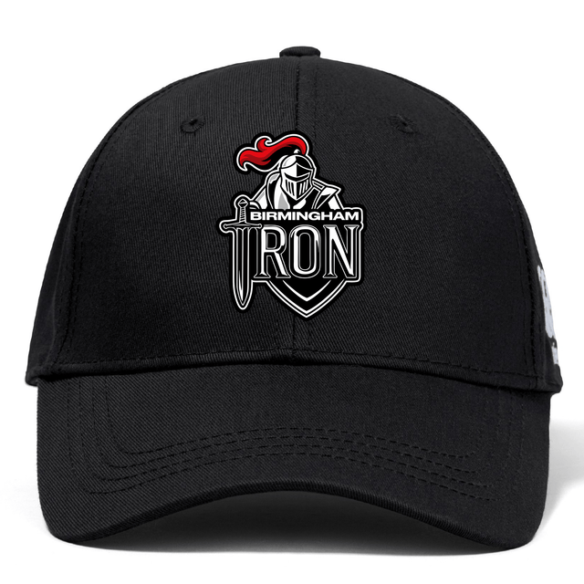 The Birmingham Iron Women's Football Flexfit Drill Cap by EMB Canterbury features the team's embroidered armored knight logo with sword and red plume on the front.