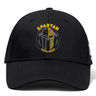 The Spartan Youth Rugby Flexfit Drill Cap by EMB Canterbury features a black design with a "Spartan Youth Rugby" logo and stylized black and yellow Spartan helmet, offering classic Canterbury comfort and style.