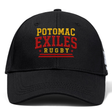 The Potomac Exiles Rugby Club Flexfit Drill Cap by Canterbury from EMB Canterbury features "POTOMAC EXILES RUGBY" embroidered on the front in yellow and red letters, accented with two red stars and horizontal lines beneath the text. This black cap boasts a curved brim and a bold embroidered logo, delivering a distinctive athletic look.