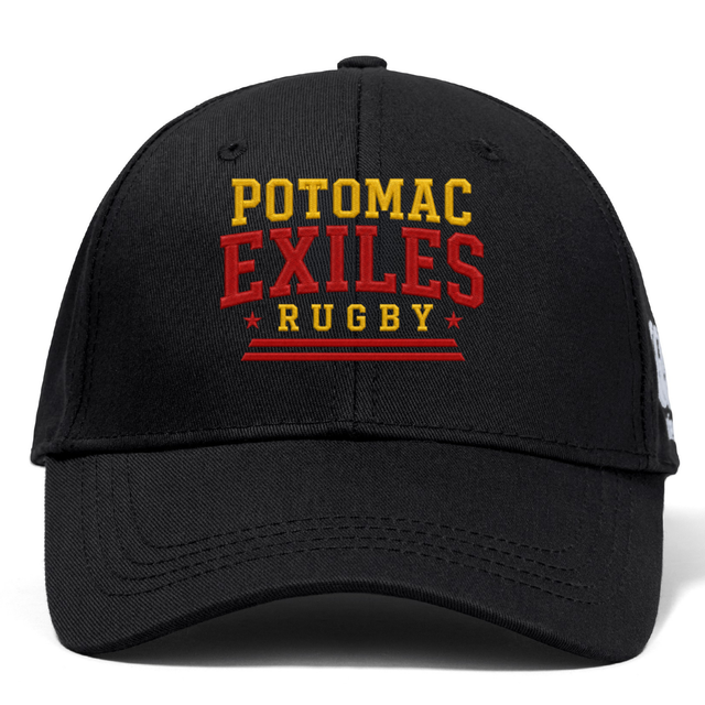 The Potomac Exiles Rugby Club Flexfit Drill Cap by Canterbury from EMB Canterbury features "POTOMAC EXILES RUGBY" embroidered on the front in yellow and red letters, accented with two red stars and horizontal lines beneath the text. This black cap boasts a curved brim and a bold embroidered logo, delivering a distinctive athletic look.