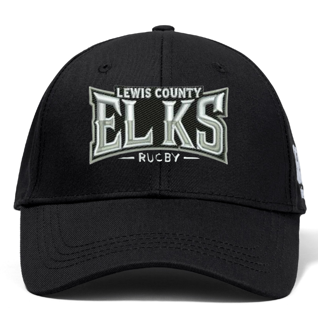 Introducing the Lewis County Elks Flexfit Drill Cap by EMB Canterbury—a classic black cap featuring a curved brim and “Lewis County Elks Rugby” embroidered on the front in white and gray lettering. Designed by Canterbury, this cap combines comfort and style for everyday wear.