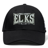 Introducing the Lewis County Elks Flexfit Drill Cap by EMB Canterbury—a classic black cap featuring a curved brim and “Lewis County Elks Rugby” embroidered on the front in white and gray lettering. Designed by Canterbury, this cap combines comfort and style for everyday wear.