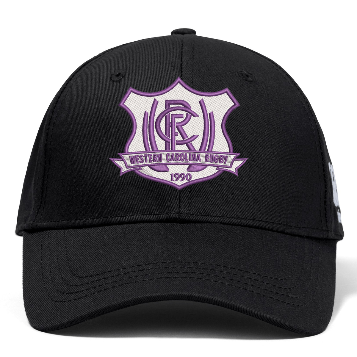 Black Western Carolina University Flexfit Drill Cap by Canterbury featuring an embroidered purple and white Western Carolina Rugby shield logo on the front.