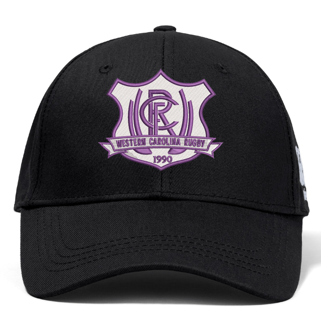 Black Western Carolina University Flexfit Drill Cap by Canterbury featuring an embroidered purple and white Western Carolina Rugby shield logo on the front.