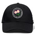 The Society of Iowa Rugby Referees Flexfit Drill Cap by EMB Canterbury showcases a black design with the Society of Iowa Rugby Referees logo, accented by pink flowers and circular text on the front, and is finished with a subtle CCC logo for added authenticity.