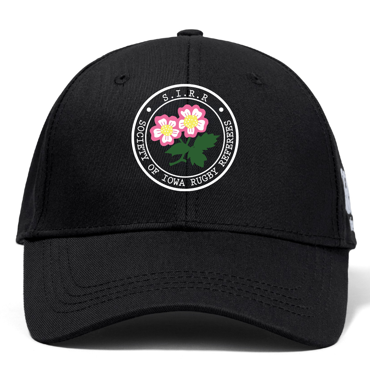 The Society of Iowa Rugby Referees Flexfit Drill Cap by EMB Canterbury showcases a black design with the Society of Iowa Rugby Referees logo, accented by pink flowers and circular text on the front, and is finished with a subtle CCC logo for added authenticity.