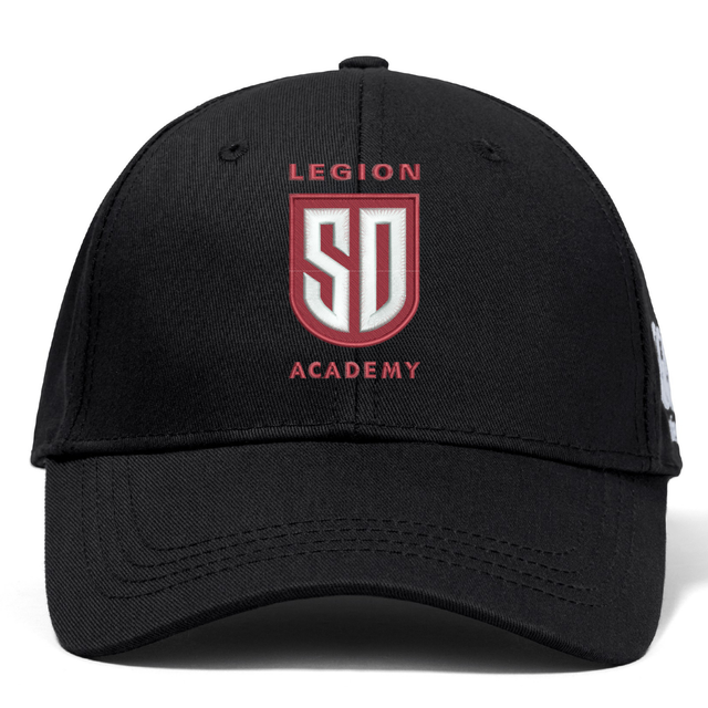 Black Legion Academy Flexfit Drill Cap by Canterbury featuring a white and red crest logo that reads “LEGION SD ACADEMY.”