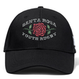 The Santa Rosa Youth Rugby Flexfit Drill Cap by Canterbury features a black curved brim and showcases “Santa Rosa Youth Rugby” text along with an embroidered red rose graphic on the front. Offered by EMB Canterbury, this classic CCC cap combines comfort and style, making it the perfect accessory for rugby fans.