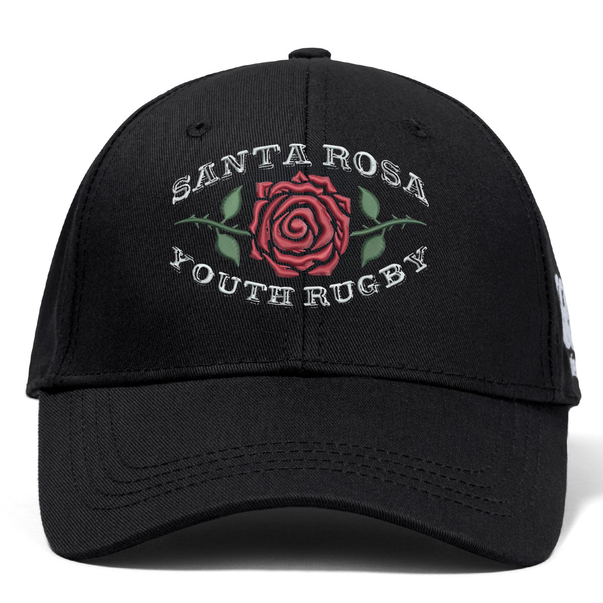 The Santa Rosa Youth Rugby Flexfit Drill Cap by Canterbury features a black curved brim and showcases “Santa Rosa Youth Rugby” text along with an embroidered red rose graphic on the front. Offered by EMB Canterbury, this classic CCC cap combines comfort and style, making it the perfect accessory for rugby fans.