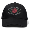 The Santa Rosa Youth Rugby Flexfit Drill Cap by Canterbury features a black curved brim and showcases “Santa Rosa Youth Rugby” text along with an embroidered red rose graphic on the front. Offered by EMB Canterbury, this classic CCC cap combines comfort and style, making it the perfect accessory for rugby fans.