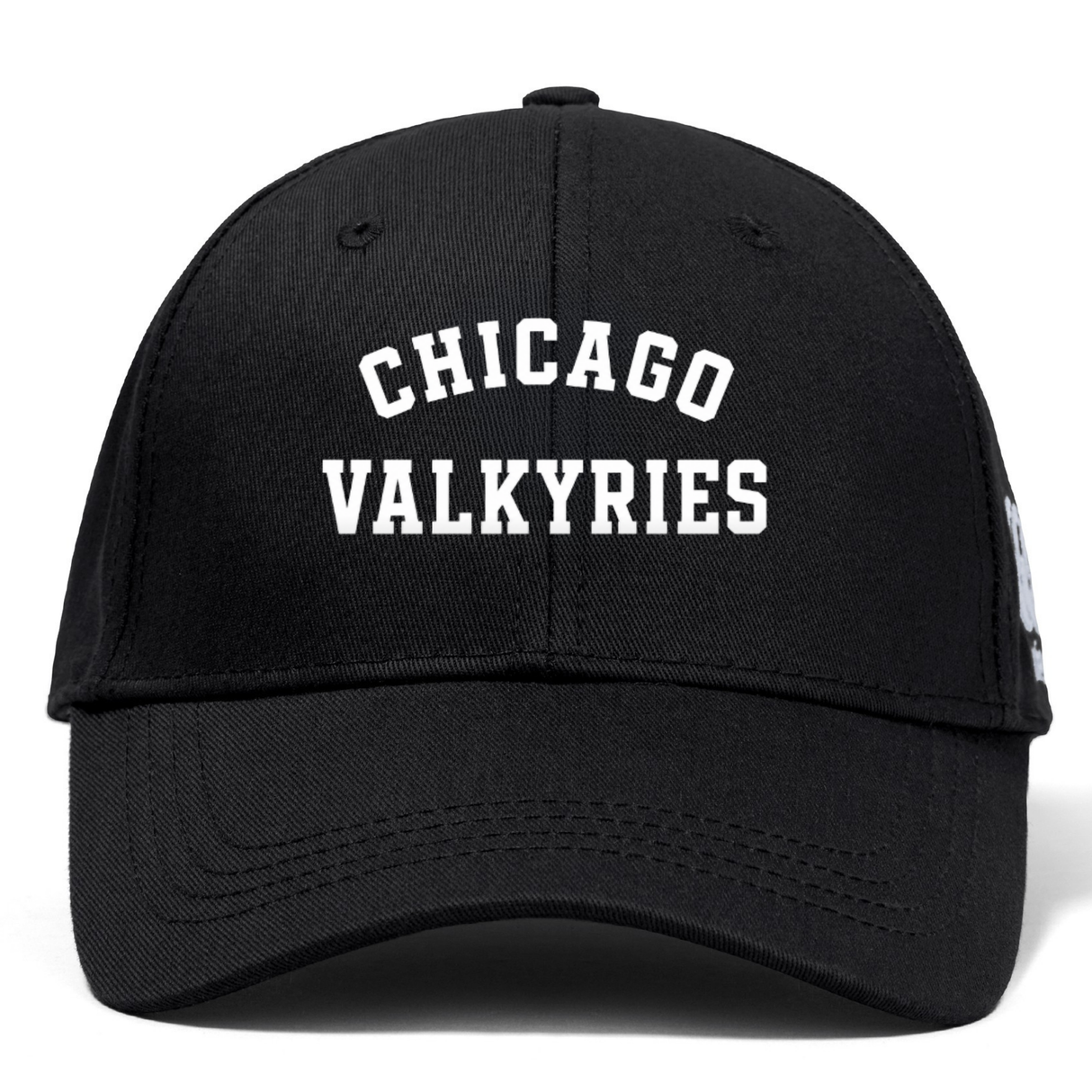 The Chicago Valkyries Flexfit Drill Cap by EMB Canterbury features "CHICAGO VALKYRIES" in bold white lettering across the front and an embroidered logo, offering a stylish and sporty look.