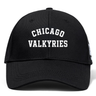 The Chicago Valkyries Flexfit Drill Cap by EMB Canterbury features "CHICAGO VALKYRIES" in bold white lettering across the front and an embroidered logo, offering a stylish and sporty look.