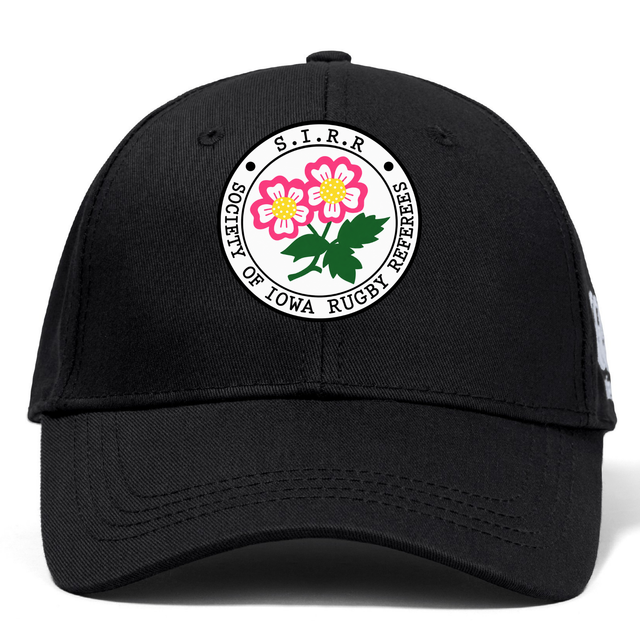 The Society of Iowa Rugby Referees Flexfit Drill Cap by EMB Canterbury is a black cap featuring the embroidered Society of Iowa Rugby Referees logo with two pink flowers and green leaves on the front.