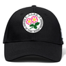 The Society of Iowa Rugby Referees Flexfit Drill Cap by EMB Canterbury is a black cap featuring the embroidered Society of Iowa Rugby Referees logo with two pink flowers and green leaves on the front.