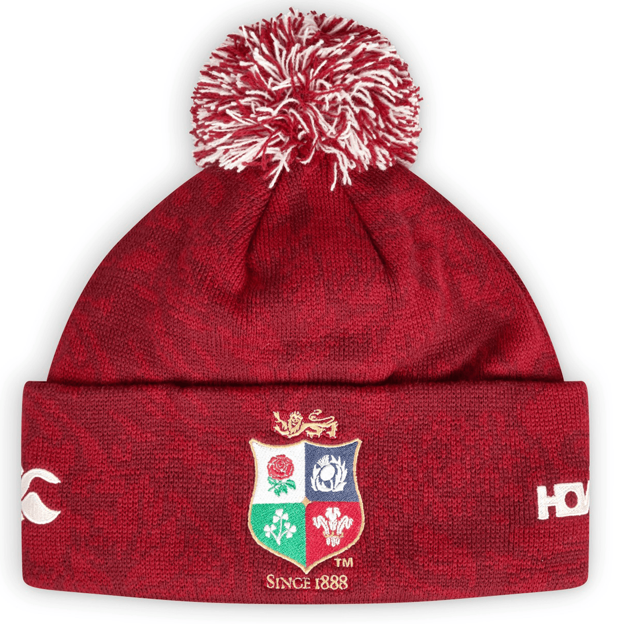A British & Irish Lions 2025 Pom-Pom Beanie by Canterbury, featuring a red dahlia knit with a multicolored crest and the text "Since 1888.