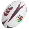 The British & Irish Lions 2025 Mentre Sponsor Ball by Canterbury is a rugby ball made from synthetic rubber, featuring bold red and black designs along with a multicolored crest that pays homage to the British & Irish Lions.