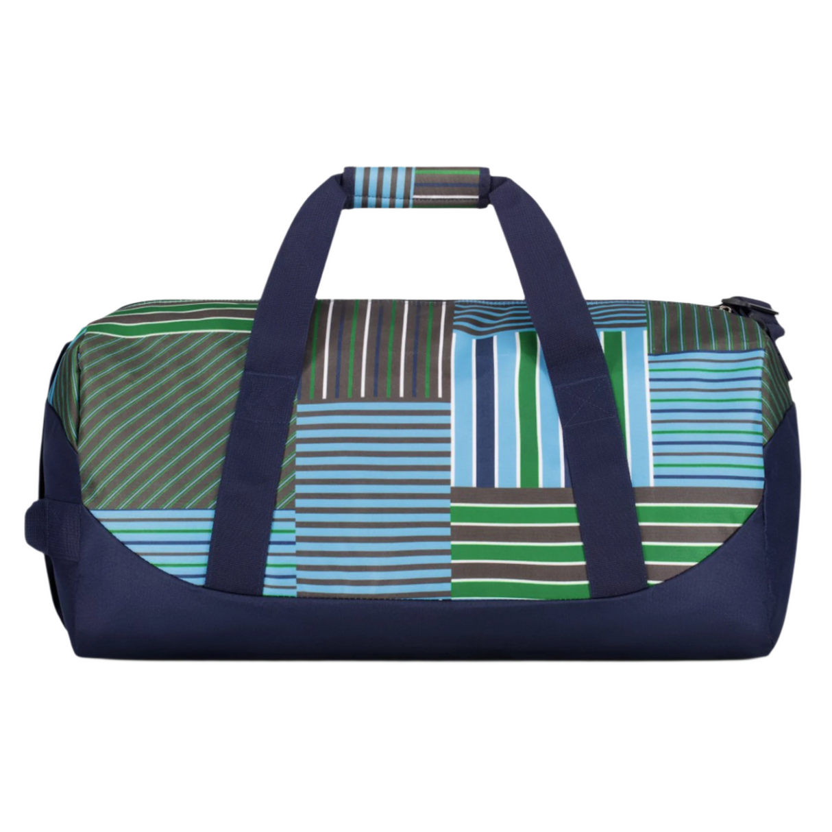 The Uglies Packaway Duffle Bag by Canterbury H125 features navy blue sides and handles with a patchwork of blue, green, and brown stripes—ideal as a sports gear bag for all your adventures.