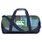 The Uglies Packaway Duffle Bag by Canterbury features navy blue straps, a geometric pattern in blue, green, and brown, and a white logo on a green rectangle—ideal as a portable sports bag for any occasion.