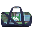 The Uglies Packaway Duffle Bag by Canterbury features navy blue straps, a geometric pattern in blue, green, and brown, and a white logo on a green rectangle—ideal as a portable sports bag for any occasion.