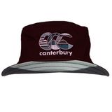 The Canterbury Uglies Red Reversible Bucket Hat features a patterned "CCC canterbury" logo on the front and a gray, striped-detailed brim—ideal for sportswear fans.