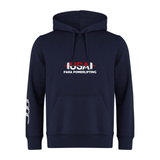 The USA Para Powerlifting Club Hoodie by WRS Canterbury features navy blue fabric, "USA Para Powerlifting" and a barbell graphic on the chest, a front pocket, and drawstring hood—blending classic Rugby Club style with modern versatility.