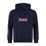 The USA Para Powerlifting Club Hoodie by WRS Canterbury features navy blue fabric, "USA Para Powerlifting" and a barbell graphic on the chest, a front pocket, and drawstring hood—blending classic Rugby Club style with modern versatility.