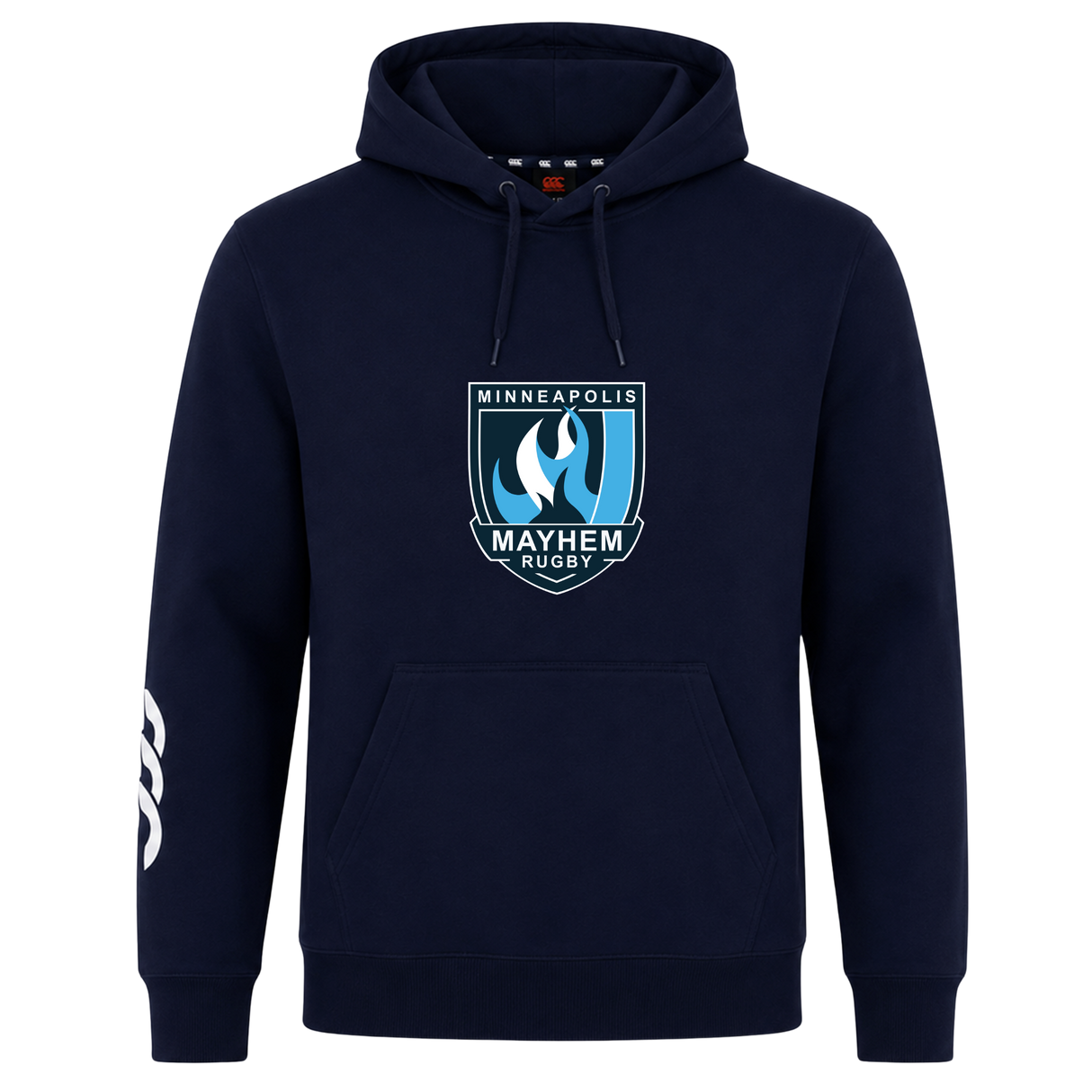 The Minneapolis Mayhem Rugby Club Hoodie by Canterbury, from WRS Canterbury, features a navy blue design with the “Minneapolis Mayhem Rugby” logo on the chest and a white accent on the left sleeve—ideal as a custom rugby club hoodie to show your team pride.