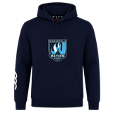 The Minneapolis Mayhem Rugby Club Hoodie by Canterbury, from WRS Canterbury, features a navy blue design with the “Minneapolis Mayhem Rugby” logo on the chest and a white accent on the left sleeve—ideal as a custom rugby club hoodie to show your team pride.