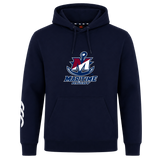 Navy blue SUNY Maritime Men’s Rugby Club Hoodie by Canterbury featuring a central “Maritime Rugby” anchor logo and a white logo print on the right sleeve.