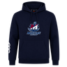 Navy blue SUNY Maritime Men’s Rugby Club Hoodie by Canterbury featuring a central “Maritime Rugby” anchor logo and a white logo print on the right sleeve.