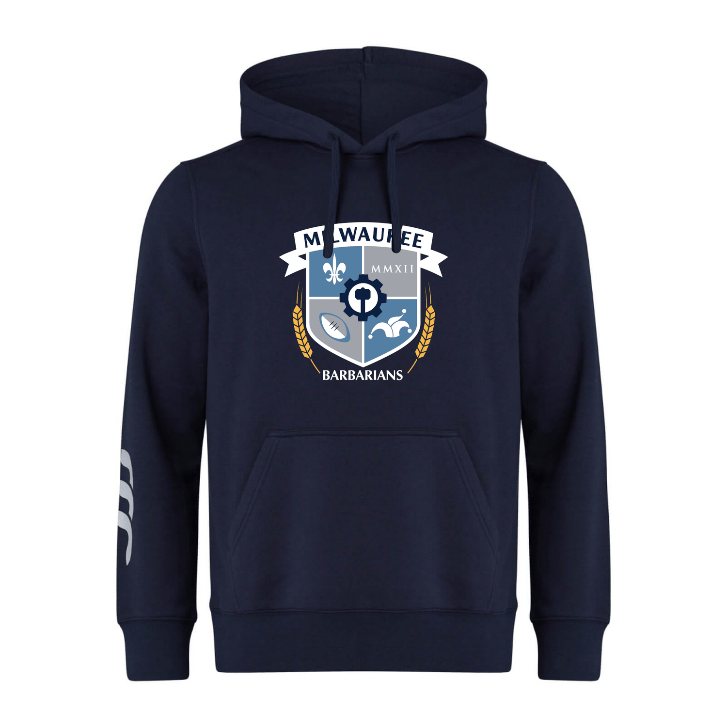 The Milwaukee Barbarians Rugby Club Hoodie by WRS Canterbury features a front crest, “Milwaukee Barbarians” text, white sleeve graphic, and drawstrings—ideal for rugby fans and players.