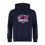 The Nebraska Rugby Referee Society Club Hoodie by Canterbury from WRS Canterbury features a navy blue design, referee graphic and logo on the front, plus three white stripes on the left sleeve—ideal for rugby club officials.