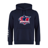 The Nebraska Rugby Referee Society Club Hoodie by Canterbury from WRS Canterbury features a navy blue design, referee graphic and logo on the front, plus three white stripes on the left sleeve—ideal for rugby club officials.