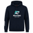 The NC Rugby Academy - Megalodons Club Hoodie by WRS Canterbury features a navy blue design, stylized shark logo, "Megalodons NC Rugby Academy" front print, and three white stripes on the left sleeve—ideal for rugby fans.