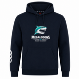 The NC Rugby Academy - Megalodons Club Hoodie by WRS Canterbury features a navy blue design, stylized shark logo, "Megalodons NC Rugby Academy" front print, and three white stripes on the left sleeve—ideal for rugby fans.