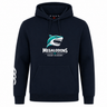 The NC Rugby Academy - Megalodons Club Hoodie by WRS Canterbury features a navy blue design, stylized shark logo, "Megalodons NC Rugby Academy" front print, and three white stripes on the left sleeve—ideal for rugby fans.