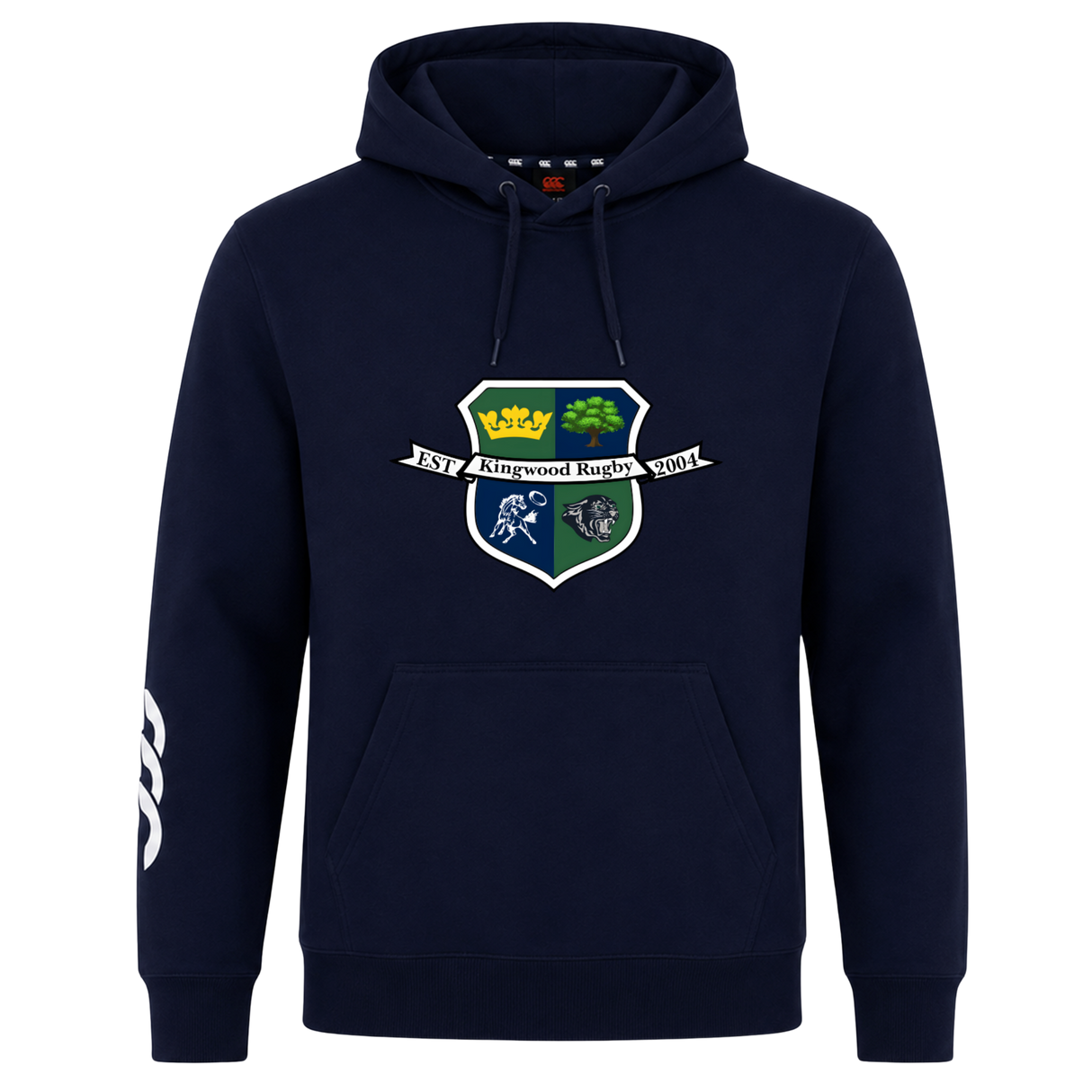The Kingwood Rugby Club Hoodie by Canterbury from WRS Canterbury is a navy blue hoodie with a crest, “JSJ Kingwood Rugby 2004” text, and white stripes on the right sleeve.