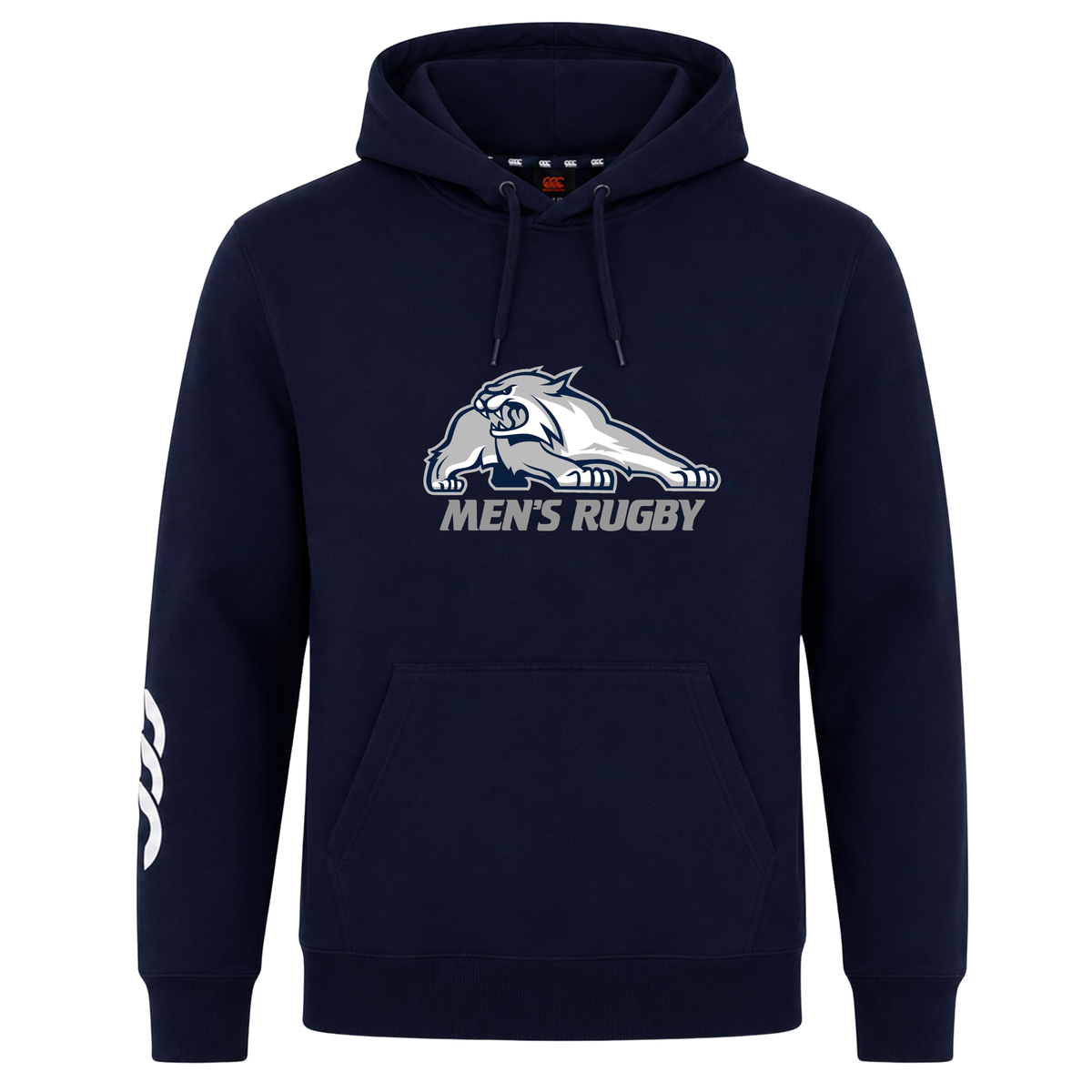 Navy blue University of New Hampshire Club Hoodie by Canterbury featuring a wildcat graphic and “Men’s Rugby” text on the chest.