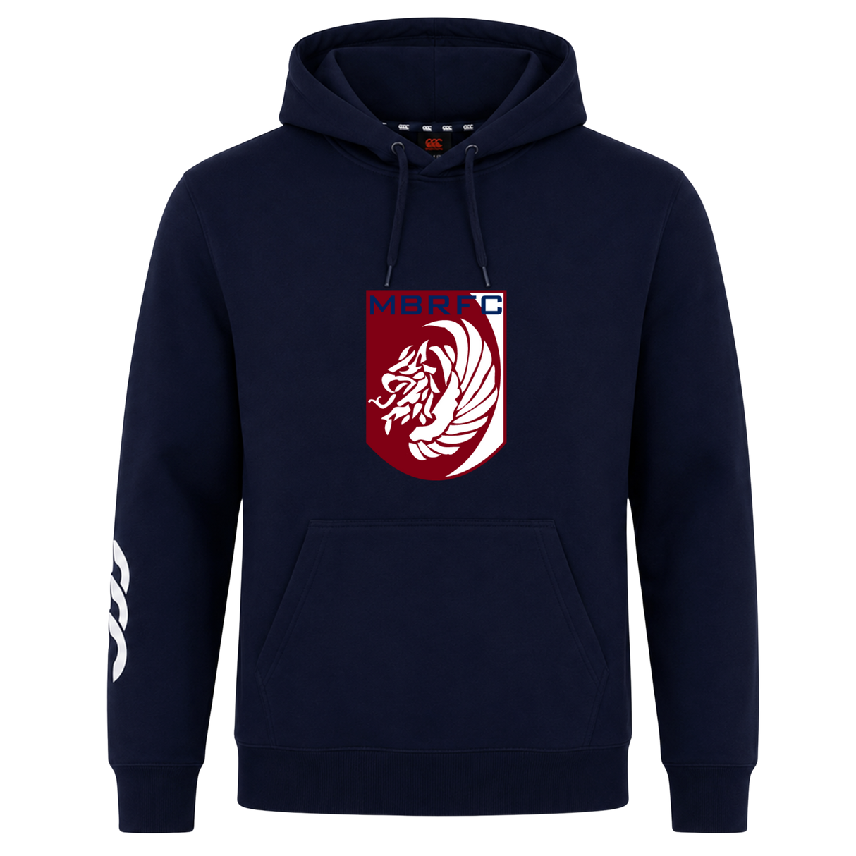The Montgomery Bucks Griffins Club Hoodie by WRS Canterbury features a navy design with a red and white lion crest, "MBRFC" on the chest, a front pocket, and a white sleeve graphic—offering comfort and classic club style.