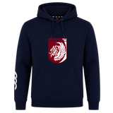 The Montgomery Bucks Griffins Club Hoodie by WRS Canterbury features a navy design with a red and white lion crest, "MBRFC" on the chest, a front pocket, and a white sleeve graphic—offering comfort and classic club style.
