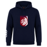 The Montgomery Bucks Griffins Club Hoodie by WRS Canterbury features a navy design with a red and white lion crest, "MBRFC" on the chest, a front pocket, and a white sleeve graphic—offering comfort and classic club style.