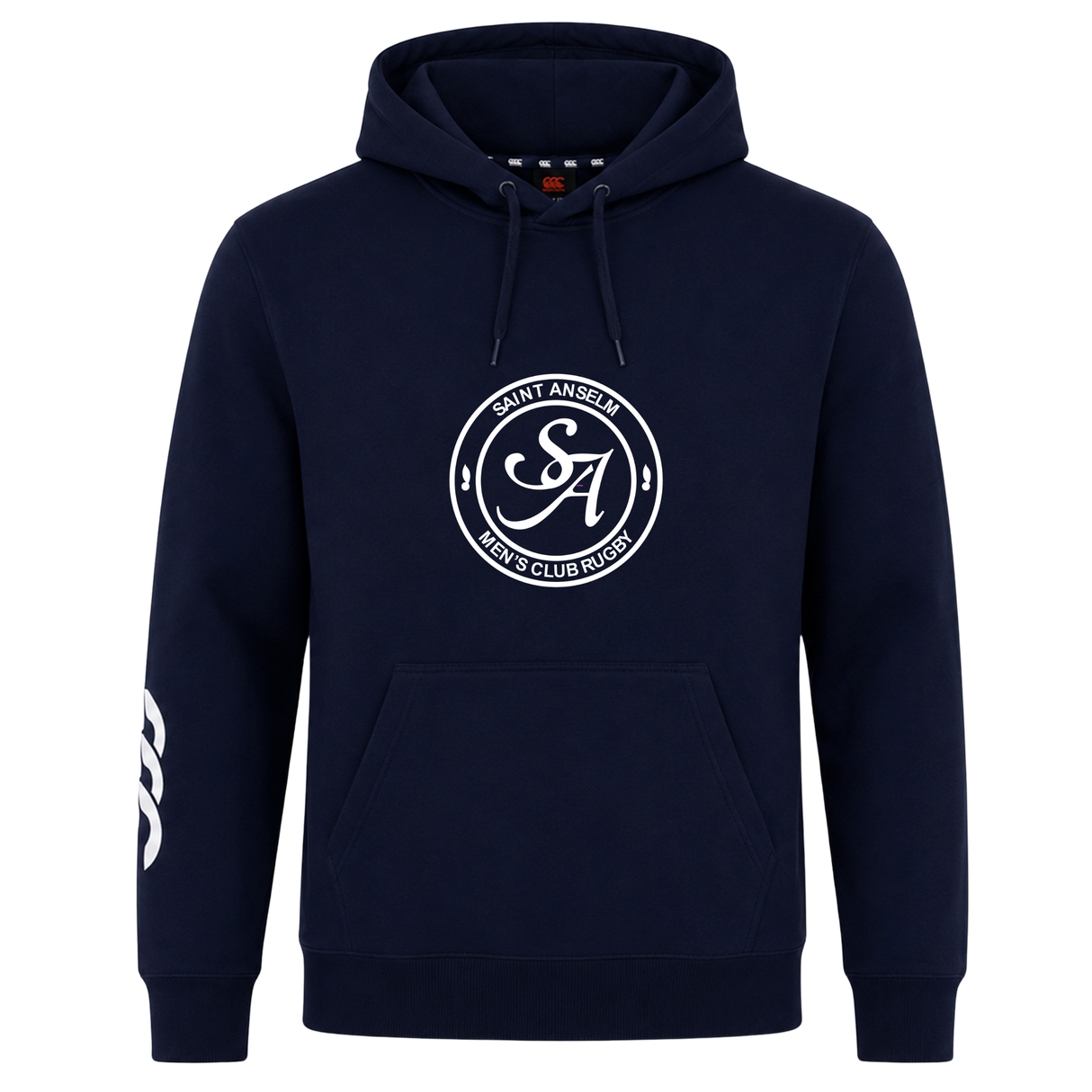 The Saint Anselm College Club Rugby Club Hoodie by WRS Canterbury is a navy blue hoodie with a front pocket, "Saint Anselm Men's Club Rugby" chest logo, and white right sleeve graphic—ideal custom apparel for club supporters.