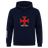 The SF CDME Rugby Club Hoodie by Canterbury, from WRS Canterbury, showcases a bold red cross emblem and "CDME RUGBY" text on the front, with a distinctive white custom design adorning the right sleeve.