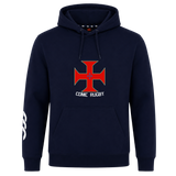 The SF CDME Rugby Club Hoodie by Canterbury, from WRS Canterbury, showcases a bold red cross emblem and "CDME RUGBY" text on the front, with a distinctive white custom design adorning the right sleeve.
