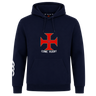 The SF CDME Rugby Club Hoodie by Canterbury, from WRS Canterbury, showcases a bold red cross emblem and "CDME RUGBY" text on the front, with a distinctive white custom design adorning the right sleeve.