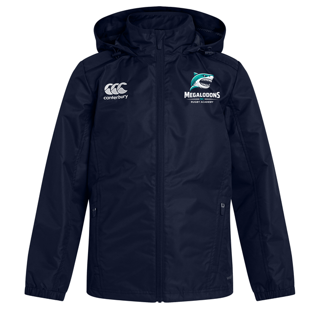 The NC Rugby Academy - Megalodons Club Vaposhield Full Zip Rain Jacket by EMB Canterbury is a navy blue jacket with white logos on the chest, featuring water-resistant VapoShield technology.