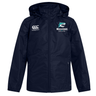 The NC Rugby Academy - Megalodons Club Vaposhield Full Zip Rain Jacket by EMB Canterbury is a navy blue jacket with white logos on the chest, featuring water-resistant VapoShield technology.