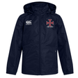 Here is the revised sentence using your product data: The EMB Canterbury SF CDME Rugby Club Vaposhield Full Zip Rain Jacket in navy blue features the “Canterbury” logo on the right chest and a red and white “Cowie Rugby” crest on the left chest. This rain jacket is crafted with VapoShield technology by Canterbury, providing excellent water-resistant protection in wet conditions.
