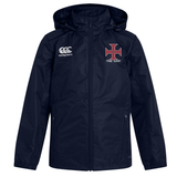 Here is the revised sentence using your product data: The EMB Canterbury SF CDME Rugby Club Vaposhield Full Zip Rain Jacket in navy blue features the “Canterbury” logo on the right chest and a red and white “Cowie Rugby” crest on the left chest. This rain jacket is crafted with VapoShield technology by Canterbury, providing excellent water-resistant protection in wet conditions.