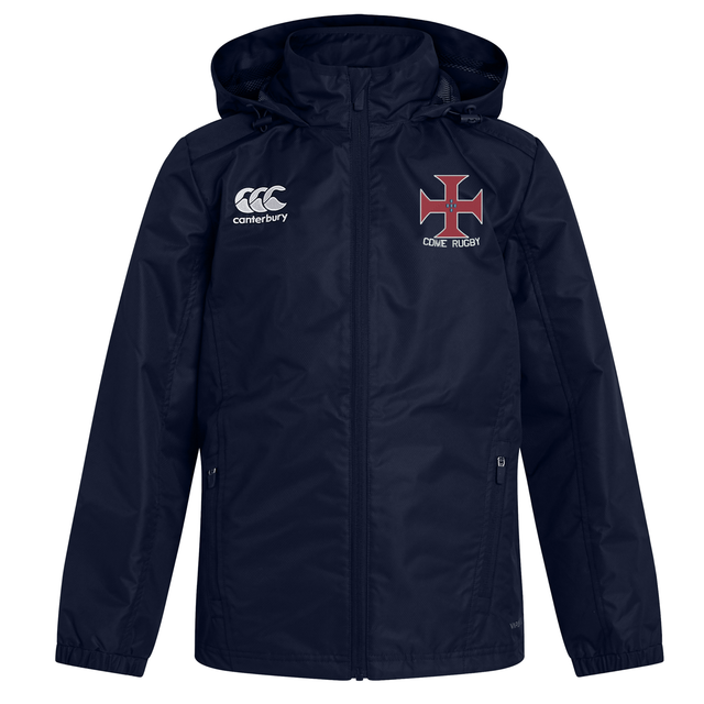 Here is the revised sentence using your product data: The EMB Canterbury SF CDME Rugby Club Vaposhield Full Zip Rain Jacket in navy blue features the “Canterbury” logo on the right chest and a red and white “Cowie Rugby” crest on the left chest. This rain jacket is crafted with VapoShield technology by Canterbury, providing excellent water-resistant protection in wet conditions.